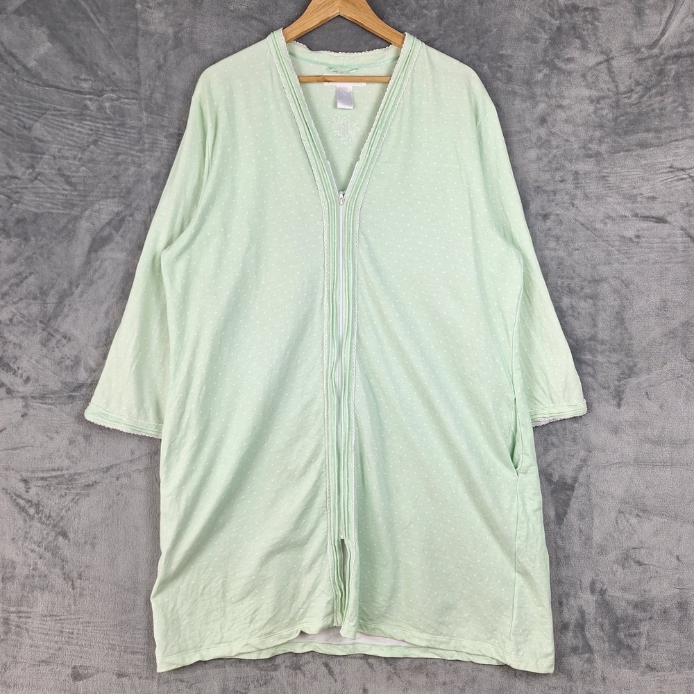 Eileen West Nightgown XL Green Polka Dot Sleepwear Lounge Zip Cottage Pockets
